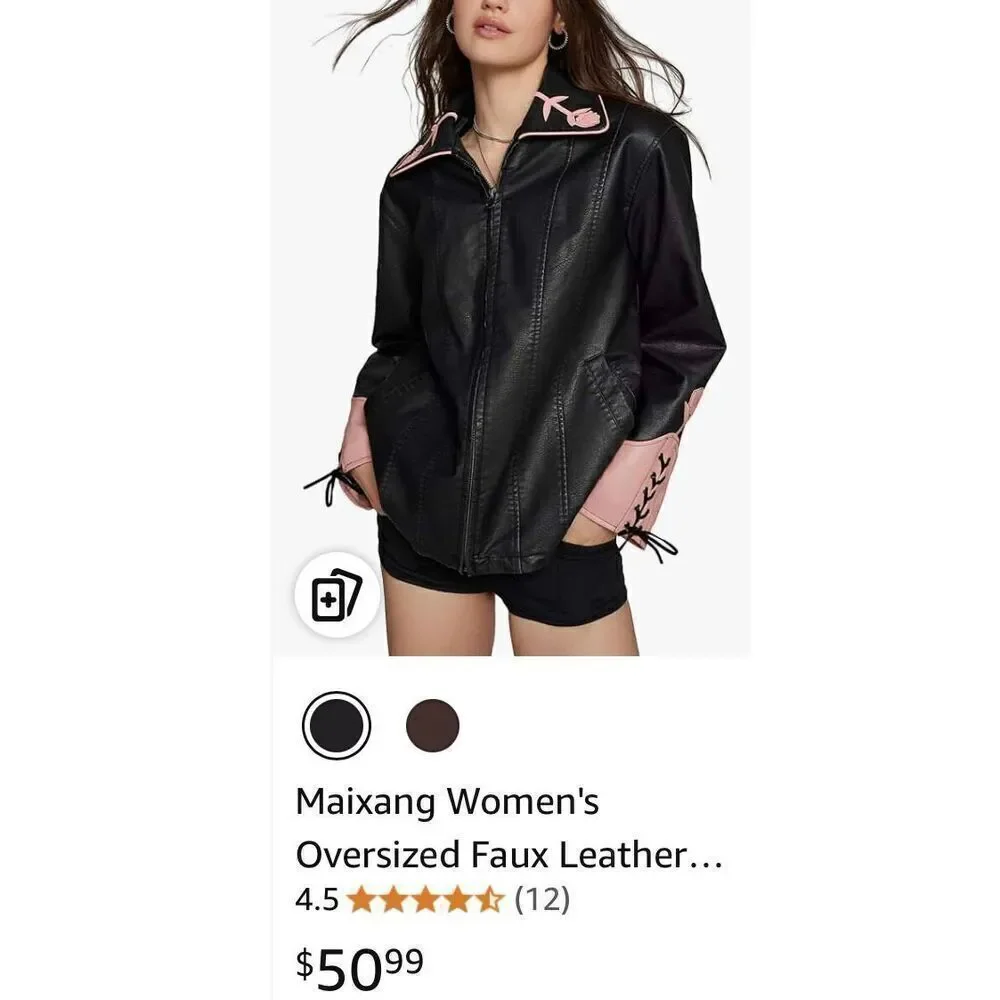 Maixang Oversized Faux Leather Embroidered Jackets Zip Up Motorcycle Coats